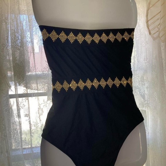 Black and Gold Strapless Swimsuit with tie M - Picture 2 of 3